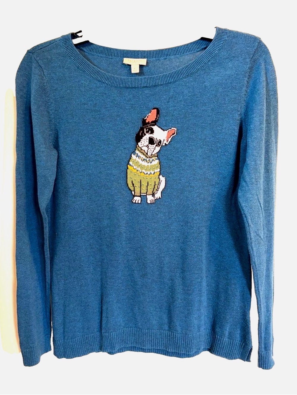 Talbots Petite P French Bulldog Dog Sweater 100% Cotton Teal Blue Intarsia